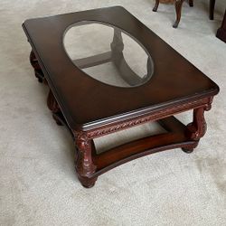 Carved ornate coffee table with acrylic replacement, top shatter resistant for children and pets 