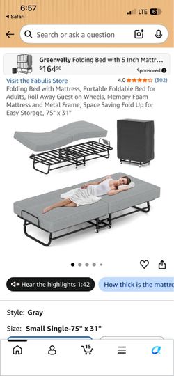 Folding bed with memory foam mattress