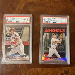 2 Mike Trout 2018 & 2021 Topps Chrome graded PSa Gem Mint 10 baseball cards