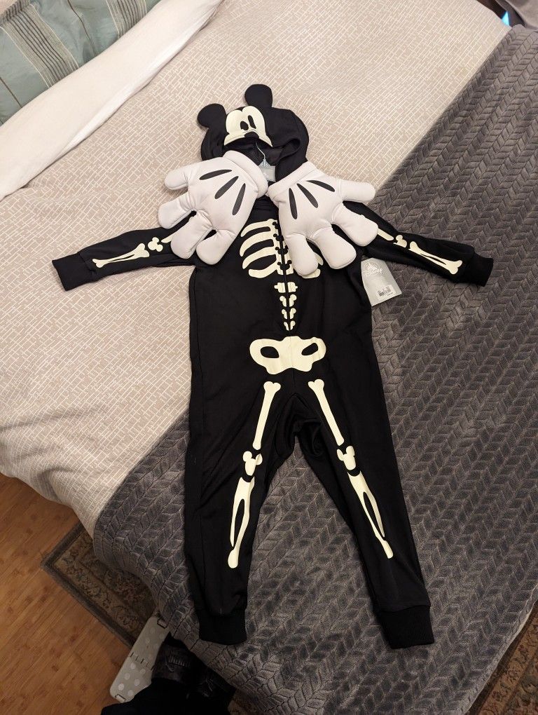New Disney Size 4 Mickey Mouse Glow In The Dark Skeleton Costume With White Gloves