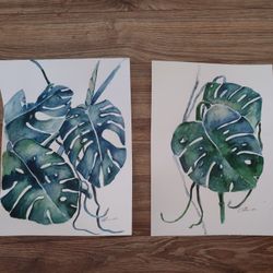 ''Tropical Leaf ''Watercolor Painting, Set of 2,size 11x15 each