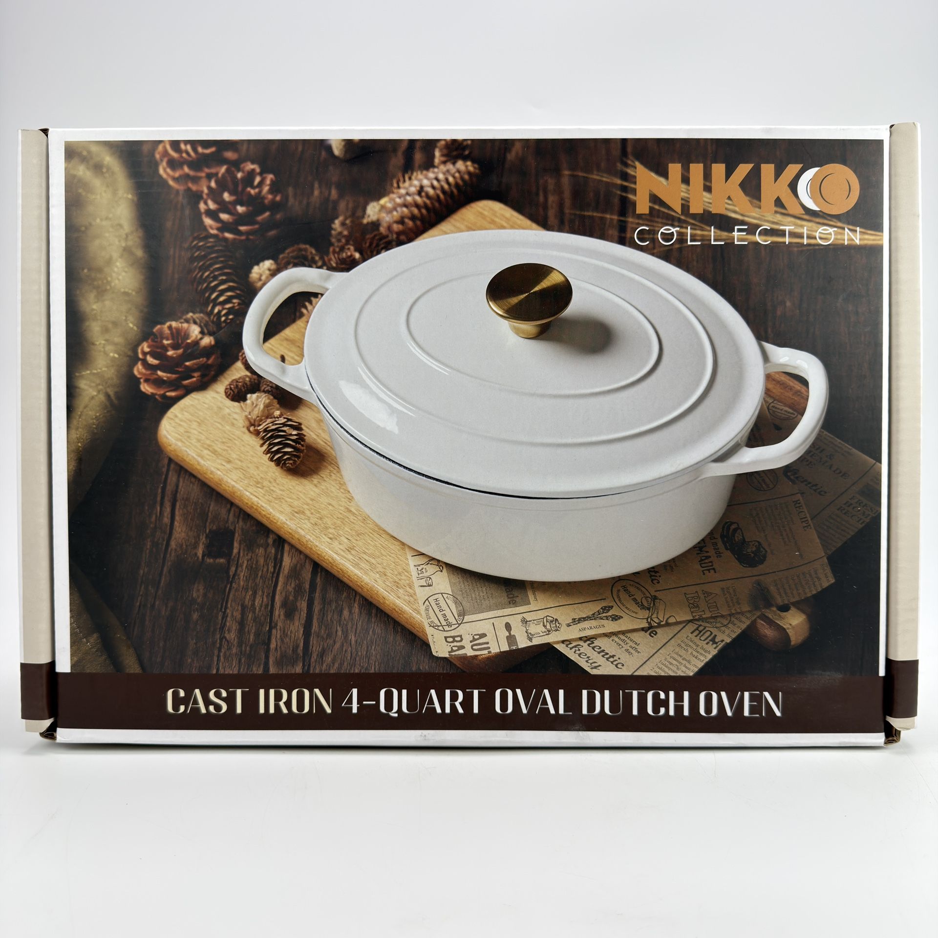 NIKKO Collections Cast Iron Oval 4 Qt Dutch Oven Pot Pan WHITE Gold Handle New
