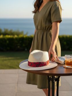 White Straw Fedora Hat with Red Band. Sku33