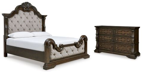Maylee Dark Brown King Upholstered Panel Bed and Dresser