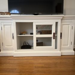 60 Inch White sideboard buffet TV Stand With Storage And Shelves. Wood / Glass 