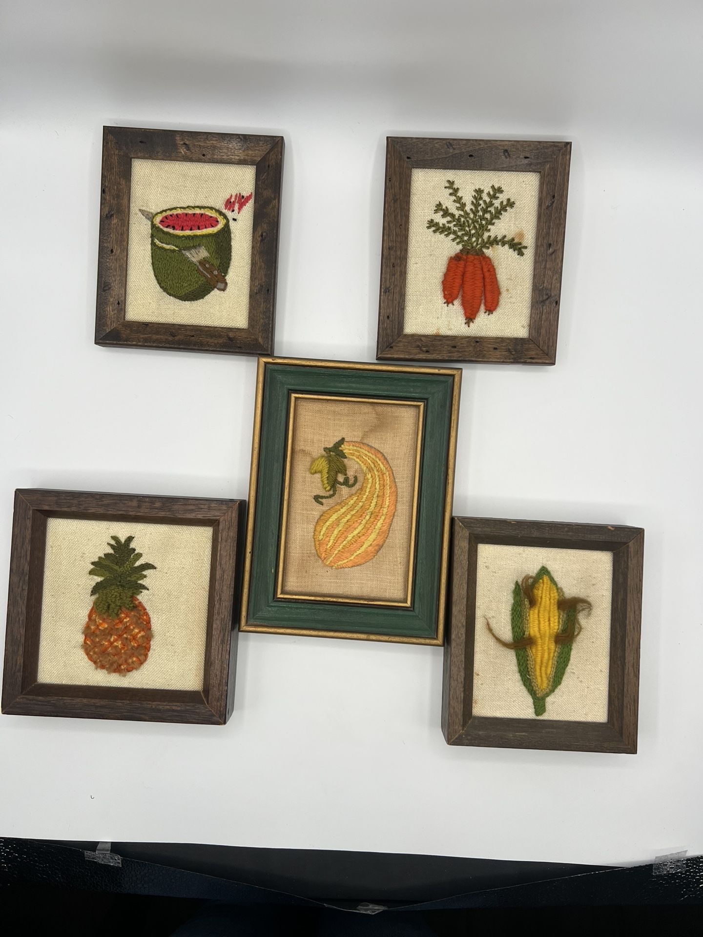 Vintage VEGETABLES CREWEL EMBROIDERY WALL ART IN FRAMES 70'S Set Of 5