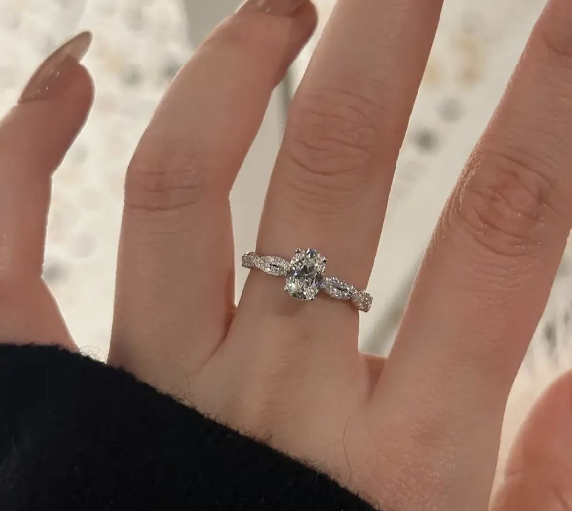 Moissanite 1.5 Carat White Gold Oval Infinty Wedding Engagement Sterling Silver Ring