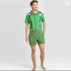 St. Patrick's Day Irish Costume Plaid Shirt/Shorts 1-Pc Romper Sz Med Adult NWT