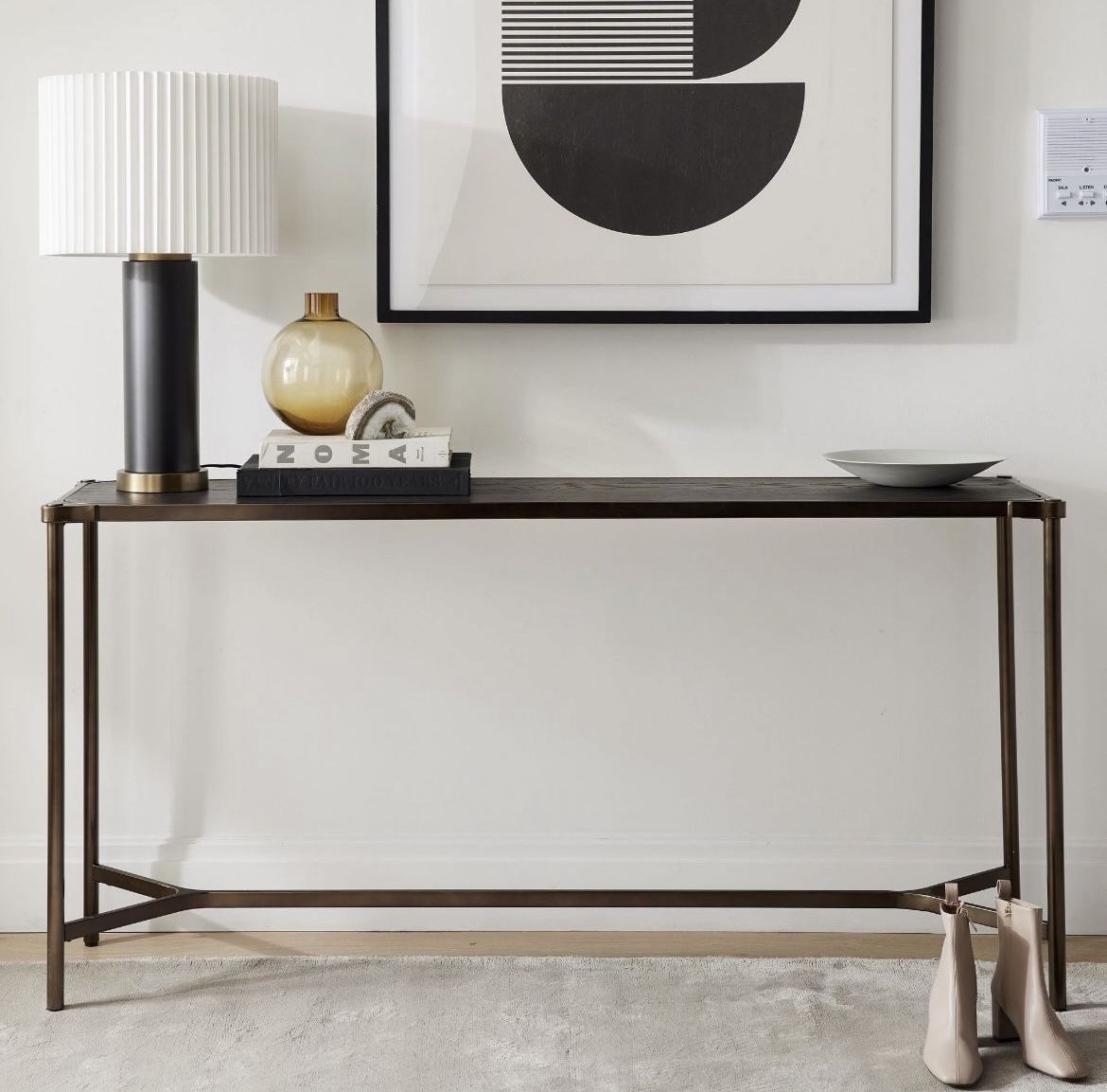 WEST ELM  Mateo decorative piece BRAND NEW  *white glove assembled* Oak Veneer Top Cerused Black Finish; Steel Legs In Oil Rubbed Bronze   Pickup Irvi