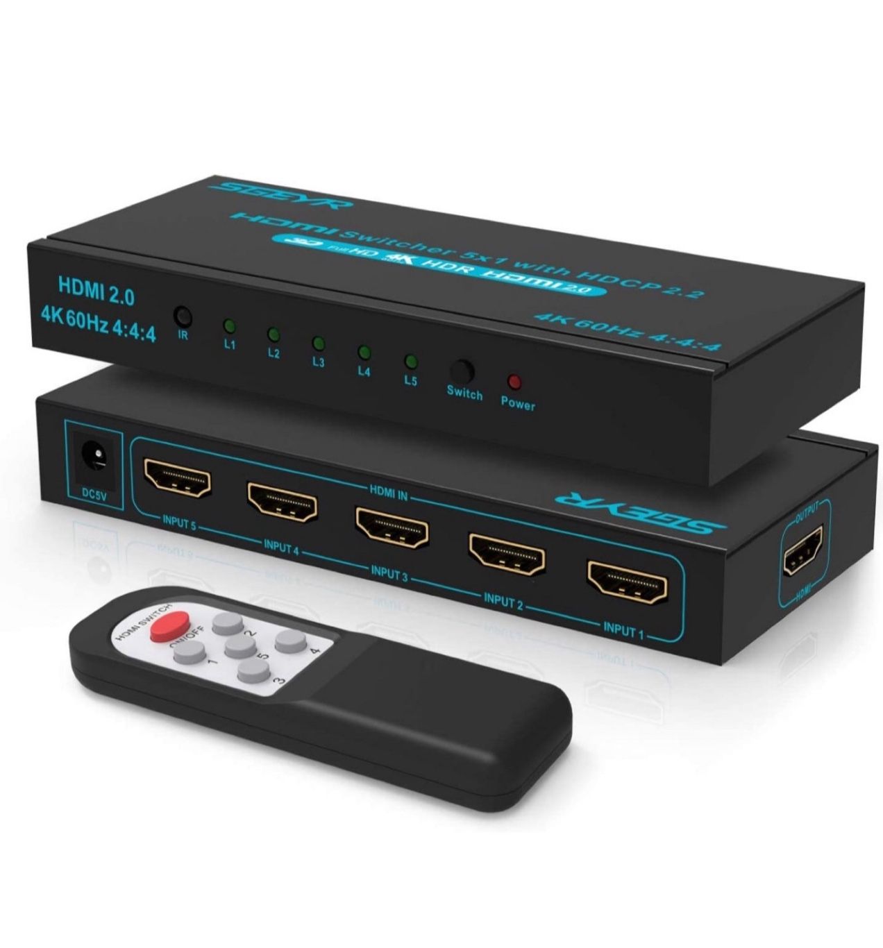 4K HDMI Switcher 5x1 with IR Remote, High-Speed 5 Port HDMI Selector Box