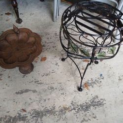 Cast Iron Bird Bath and  Metal Plant Stand