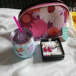 New Cosmetic Bag, Stainless Steel Tumbler With Lid &Straw, Earings 
