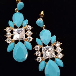 Gold Plate Turquoise & Rhinestone Earrings