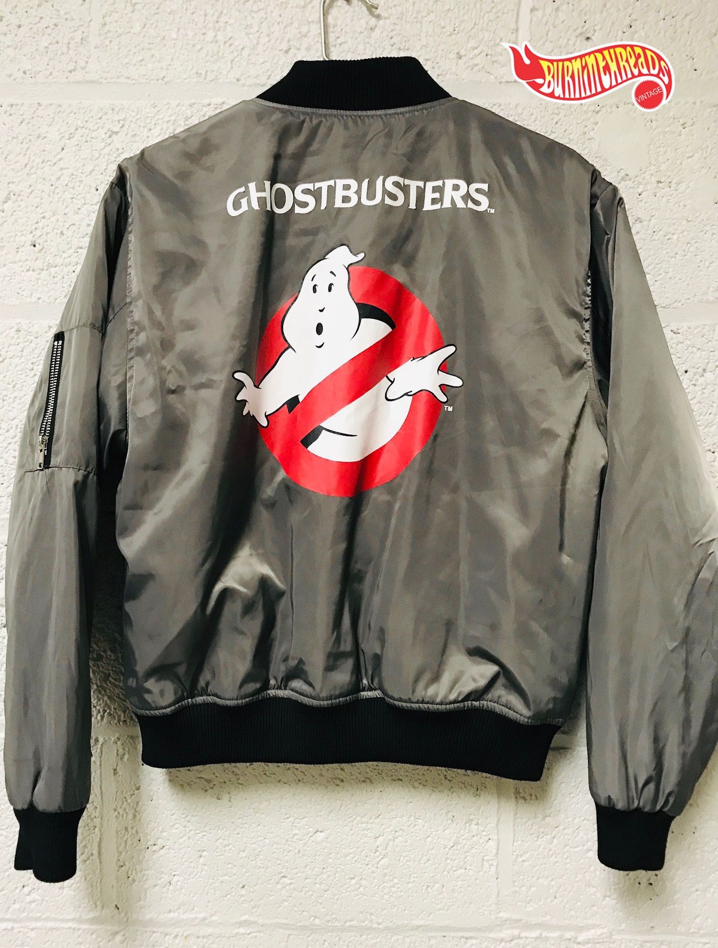 Ghostbusters Bomber jacket Large Grey Gray full front zip up Big Logo