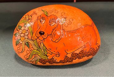 Adorable hand painted river rock with the cutest Dachshund doggy!