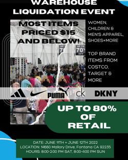 UPCOMING WAREHOUSE EVENT  NEW WOMENS, MENS AND CHILDREN APPAREL AND SHOES MOST ITEMS PRICED $15 AND BELOW