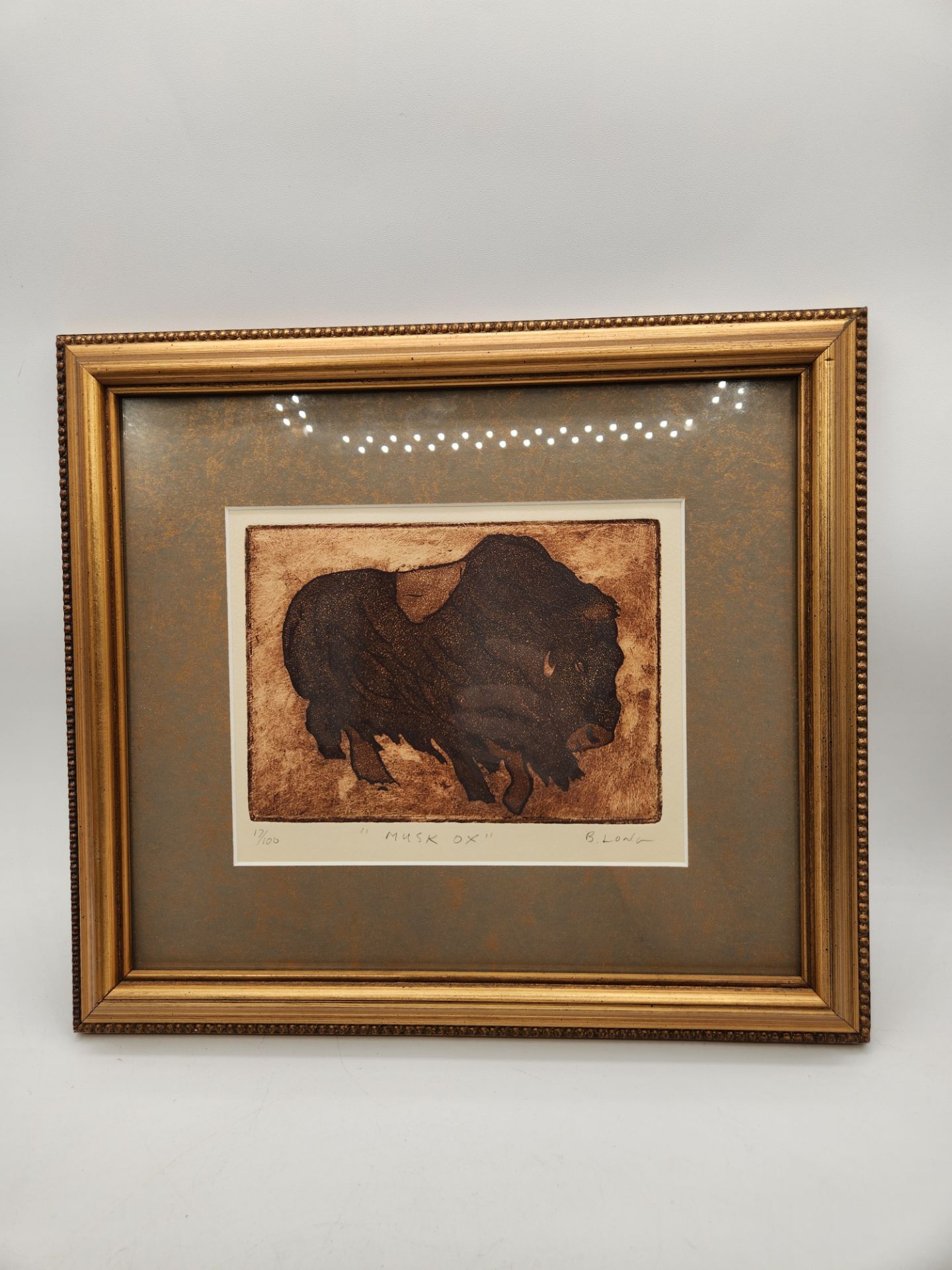 Signed numbered framed print "Musk Ox" 17/100 by B. Long 13 x 12" art