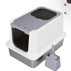 RIZZARI Grey Stainless Steel Cat Litter Box, Odorless Enclosed Litter Box with Top Holes, Large Litter Pan for Small to Large Sized Cats