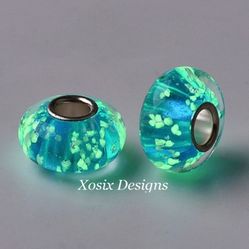 2 Charms /Glow In The Dark Beads/Blue Murano Glass Charms/ European Beans/ Large Hole Murano Glass Beads/Fit Pandora Bracelet