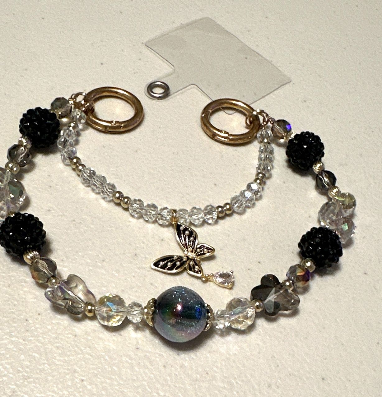 Phone Chain multi-strand beaded Butterfly charm & crystal beads