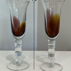 Pair of Vintage Hand Blown Clear, Amber & Purple Thick Stemmed Glass Champagne Flutes