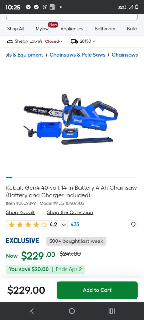 40 V Kobalt Chainsaw With Extra Battery
