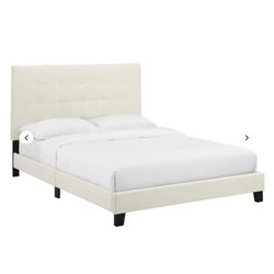 Contemporary Modern Urban Designer Bedroom Full Size Platform Bed Frame, Velvet Fabric, Ivory White