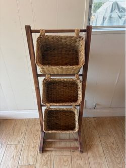 3-Tier Wooden Stand with Woven Baskets