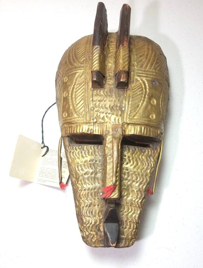West African Hand Carved Wooden Mask ~ Metal Armored Voodoo Art Relic Made in Ghana