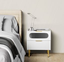 Modern White Nightstand with Charging Station – MDF Wood