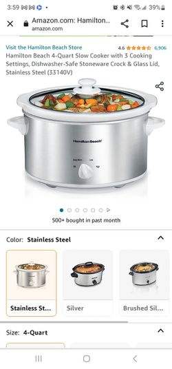  Hamilton Beach 4-Quart Slow Cooker with 3 Cooking Settings,  Dishwasher-Safe Stoneware Crock & Glass Lid, Stainless Steel (33140V): Home  & Kitchen