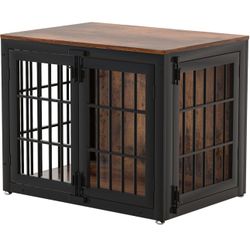 Heavy Duty Dog Crate Furniture, 33 Inch Wooden Dog Cage Kennel for Small and Medium Dogs, Decorative Pet House Furniture Indoor with Side Door, Brown