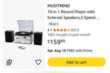 Musitrend 10 in 1 Vintage Record Player with External Speakers, 3 Speed Turntable with Bluetooth, CD Cassette Player, AM FM Radio, USB SD Playback, Re