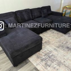BRAND NEW BLACK CORDUROY DOUBLE CHAISE SECTIONAL SOFA COUCH 