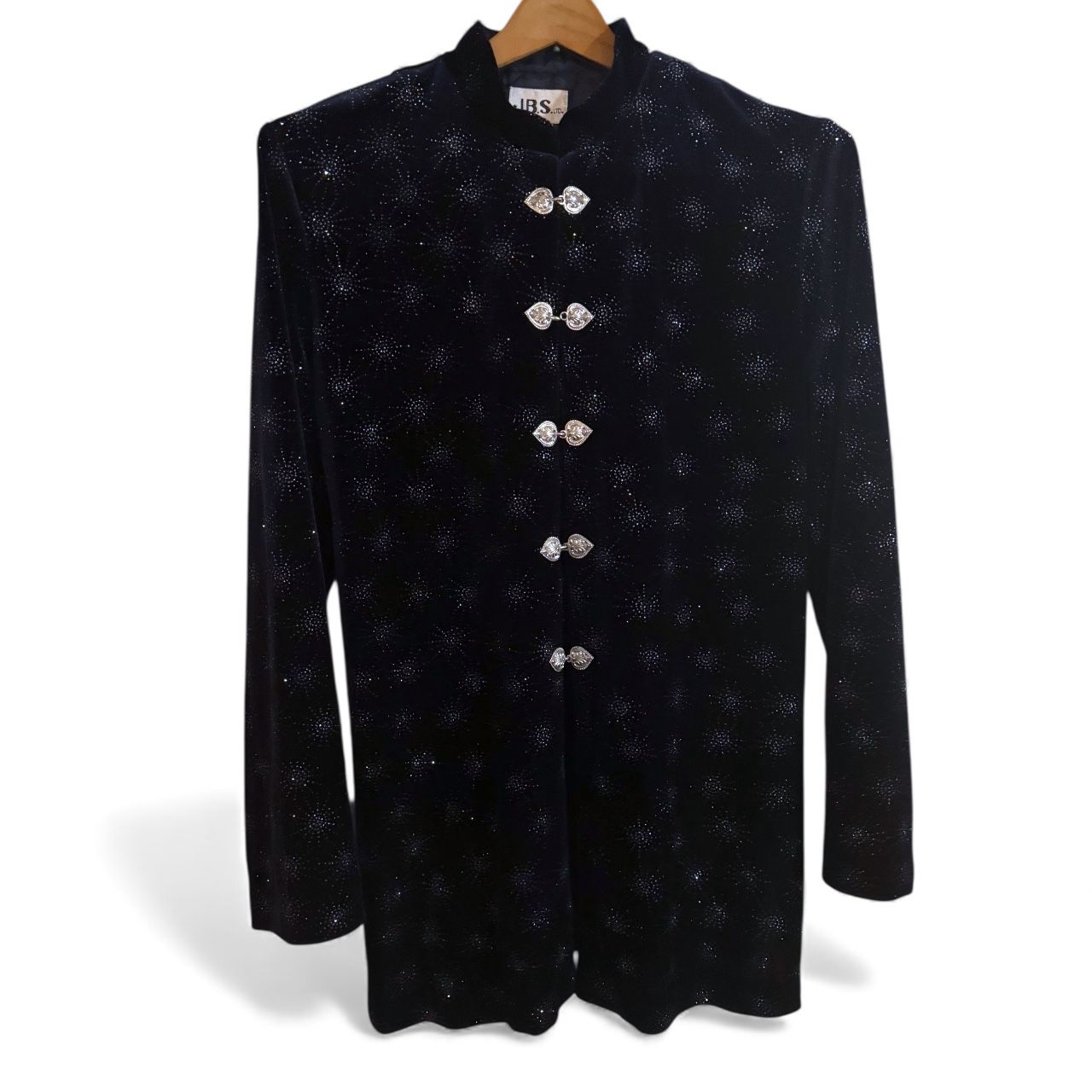 J.B.S. LTD. 90s Navy Blue Velvet Sparkle Jacket Mandarin Collar Ornate Buttons Sz 10