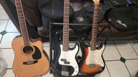 Squier electric guitars. Takamine G Series. SX VGT + amplifiers.