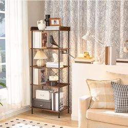 HOOBRO Kitchen Bakers Rack with Power Outlet, 5-Tier Free Standing Kitchen Storage Shelf Rack, Microwave Stand with 4 S-Shaped Hooks, Rustic Brown and