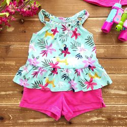 18-24MOS 2-PIECE OUTFIT TURQUOISE TROPICAL FLORAL HALTER RUFFLE TUNIC W/MAGENTA SHORTS