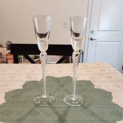 2 Vintage Mid Century Stuart Crystal “Iona” Long Stem Cordials Air Twist Apertif Liqueur Shot Flutes Goblets Glasses, good condition 