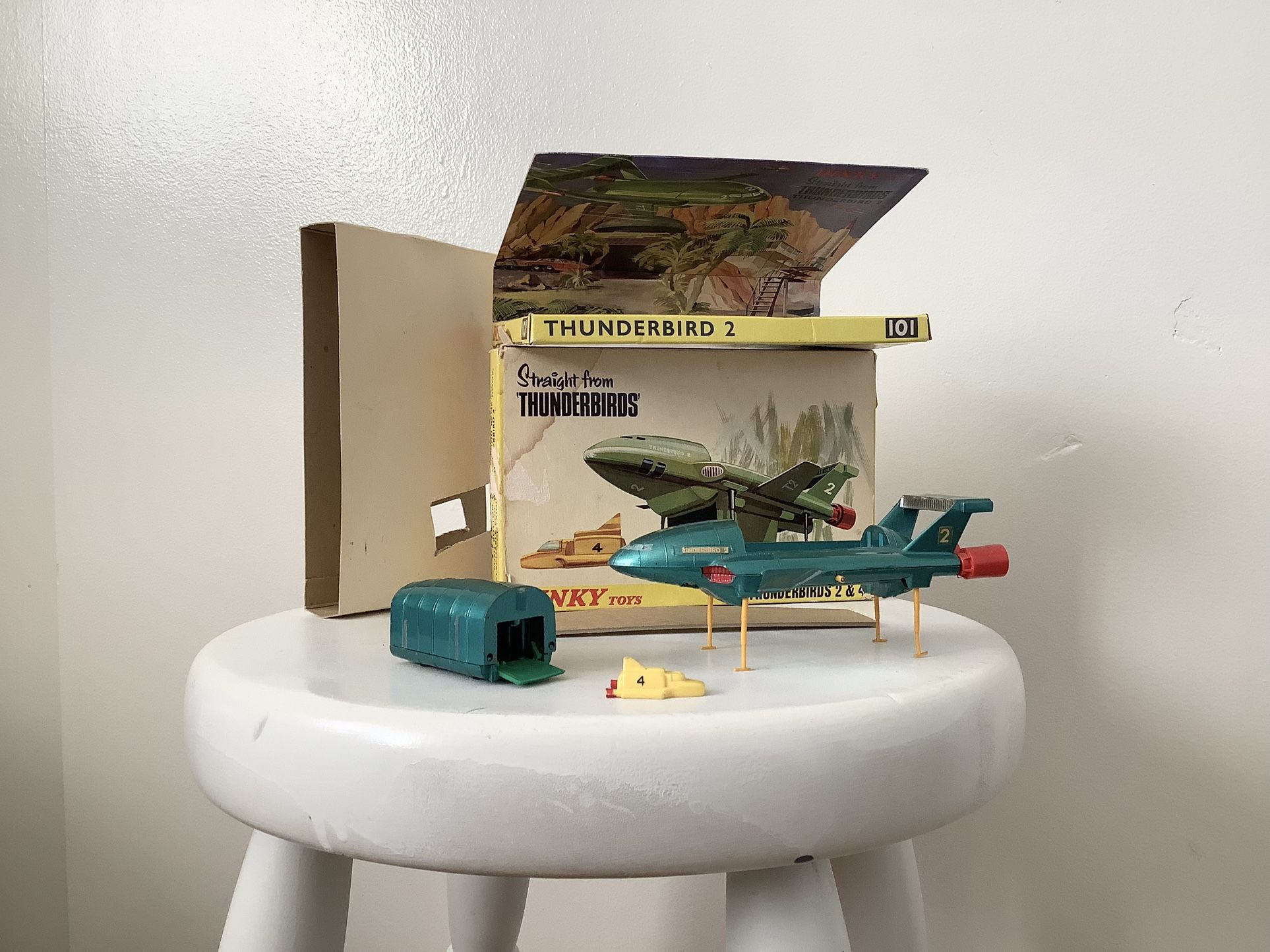 Vintage Dinky Toys 101 Thunderbirds Thunderbird 2 (green) & 4 (yellow) Century 21 Toys LTD 1966 Die Cast Metal **Located In Agoura Hills**