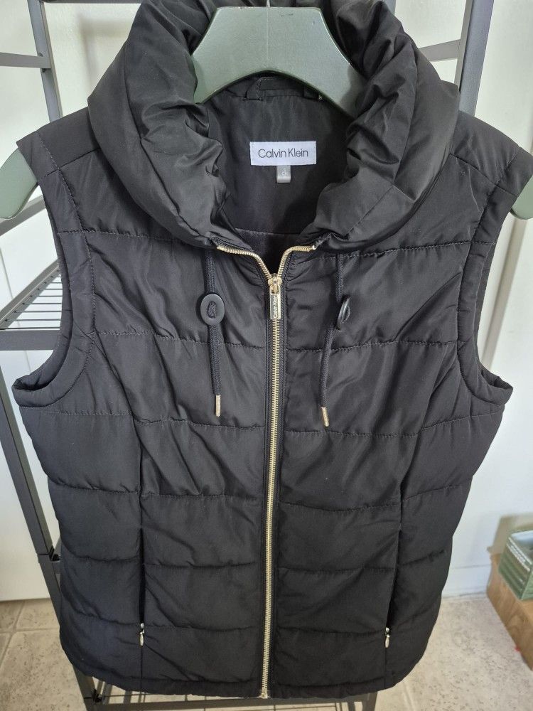 Calvin Klein Black Puffer Vest - Hooded with Gold Zippers - Women's Small - $50
