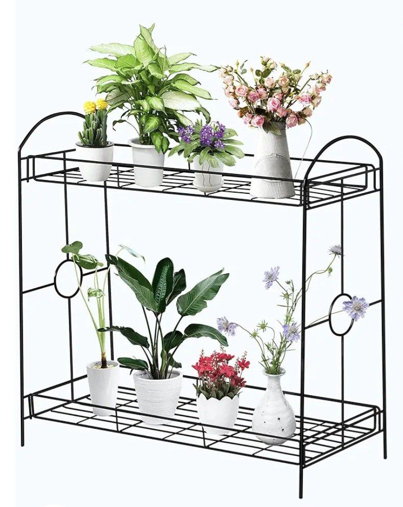2 Tier Metal Plant Stand for Outdoor/Indoor, Plant Display Rack Flower Pot Stand Shelf for Home Garden Backyard Patio, Home Storage Organizer Rack Bla
