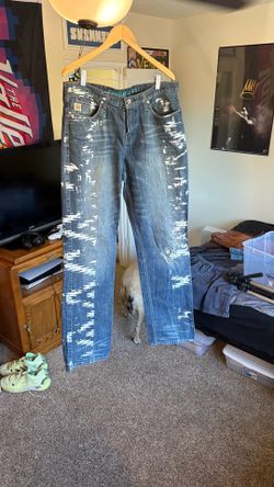 Custom White Pattern Designed Jeans - Size 35x36