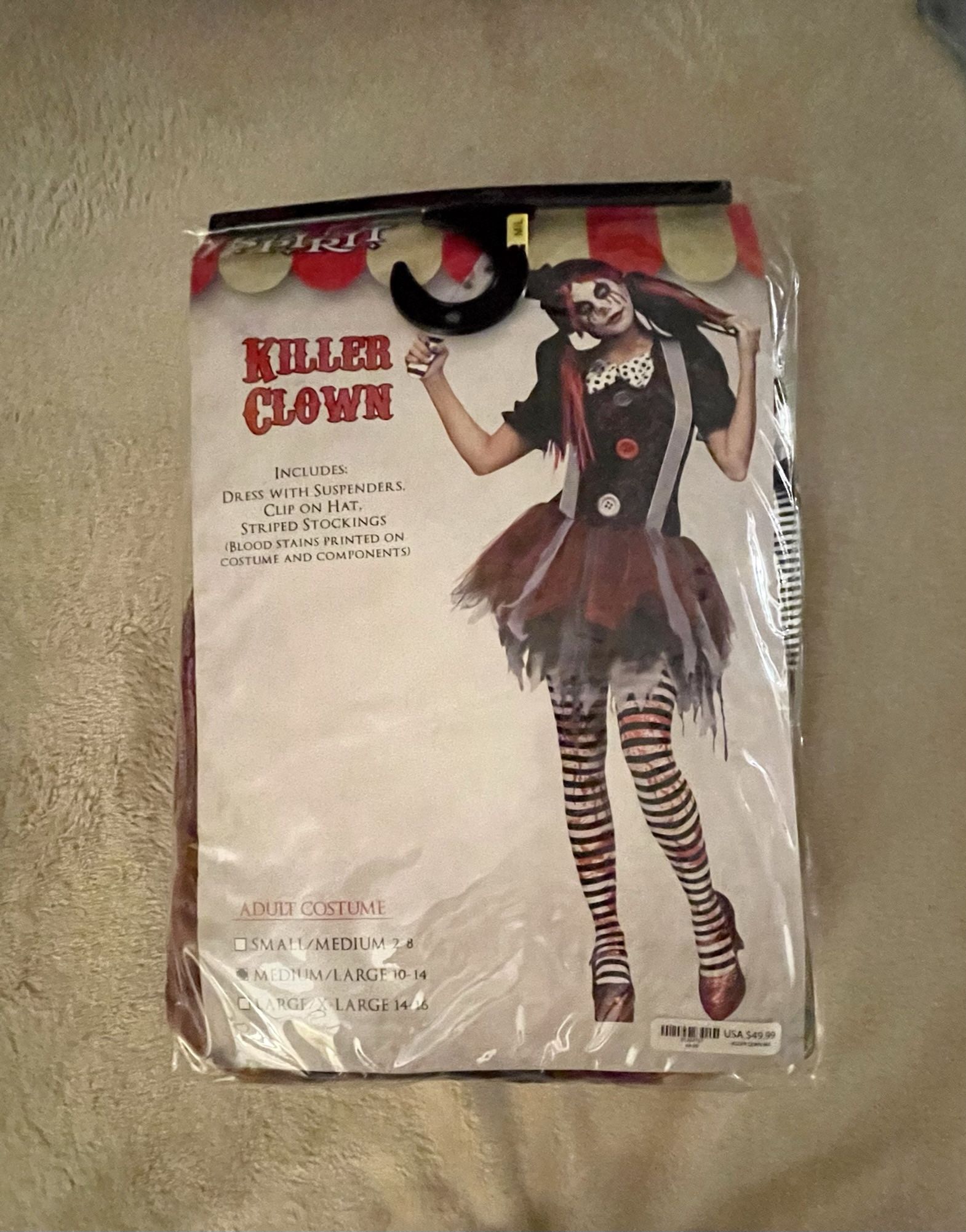 NEW Killer Clown costume- adult medium/large size 10 - 14