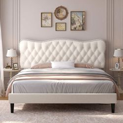 Queen Size Bed Frame, Upholstered Platform Bed With Curved Design & Adjustable Headboard