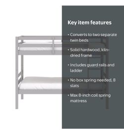 Solid Wood Twin Bunk Bed (Converts to 2 Twin Beds) – Light Grey
