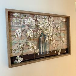 Blossoms in Mason Jar Wall Art,  24" × 16" Stretched Canvas, Natural Floating Frame