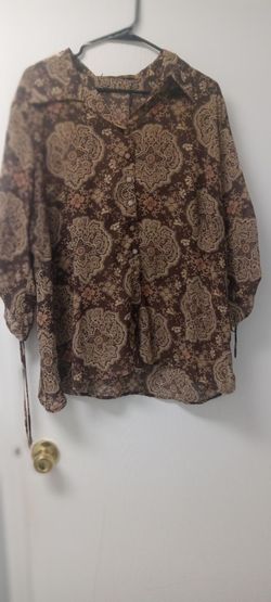 Brown Paisley Floral Button-Up Blouse