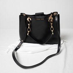 Michael Kors Cynthia Medium Black Leather Gold Strap Satchel