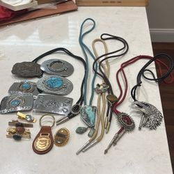 Older gentlemen’s Western Jewelry 6 Bolo Ties Turquoise NOT Real,  4 Nice Gem Stone Tie Bars, 6 Belt Buckles, Not Silver